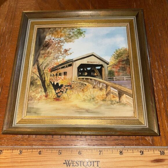 Framed Ceramic? Art Bissell Covered Bridge Charlemont Massachusetts New England - Picture 1 of 7
